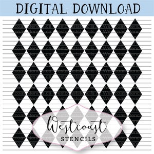 May include: Black and white diamond pattern stencil. The stencil is for crafting and decorating. The text "Westcoast Stencils" is in the lower centre of the image.