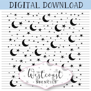 May include: Black and white digital download stencil design featuring a repeating pattern of crescent moons and stars. The text "Westcoast Stencils" is included in the design.
