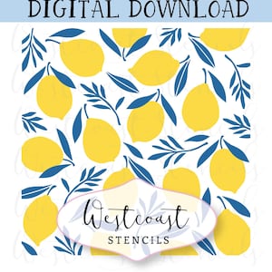 Può includere: Un design per stencil in download digitale con un motivo ripetuto di limoni giallo brillante e foglie blu scuro su sfondo bianco. Il testo DIGITAL DOWNLOAD appare in alto e Westcoast STENCILS è centrato nella parte inferiore.