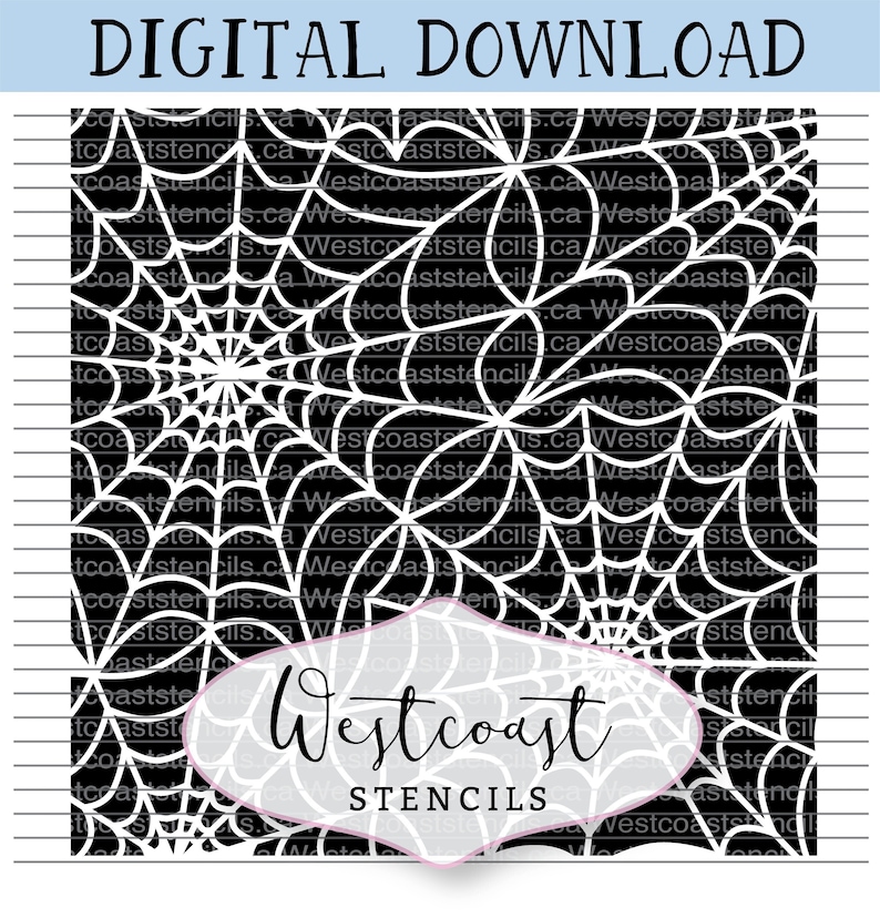 May include: Black and white digital download of a spider web pattern. The pattern is a repeating design of spider webs with a white background and black lines. The image includes the text "Westcoast Stencils".