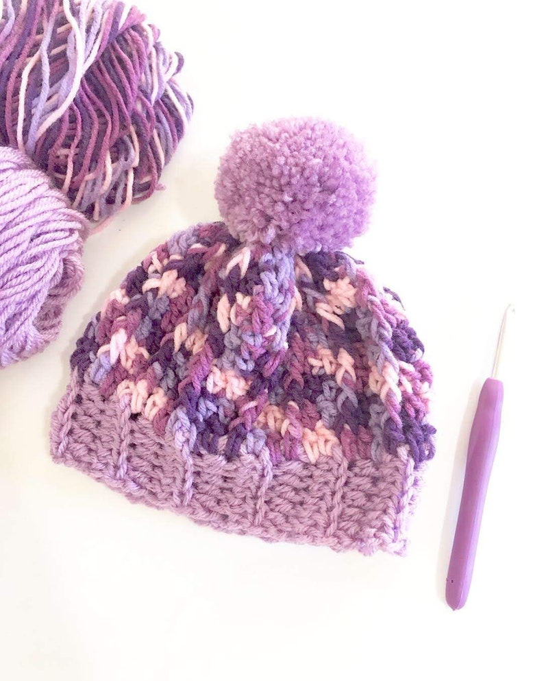 Baby New Born Size Beanie Purple Pom Pom Crochet Hat
