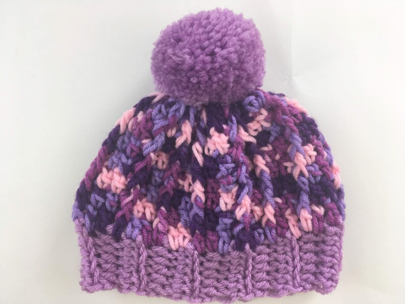 Baby New Born Size Beanie Purple Pom Pom Crochet Hat