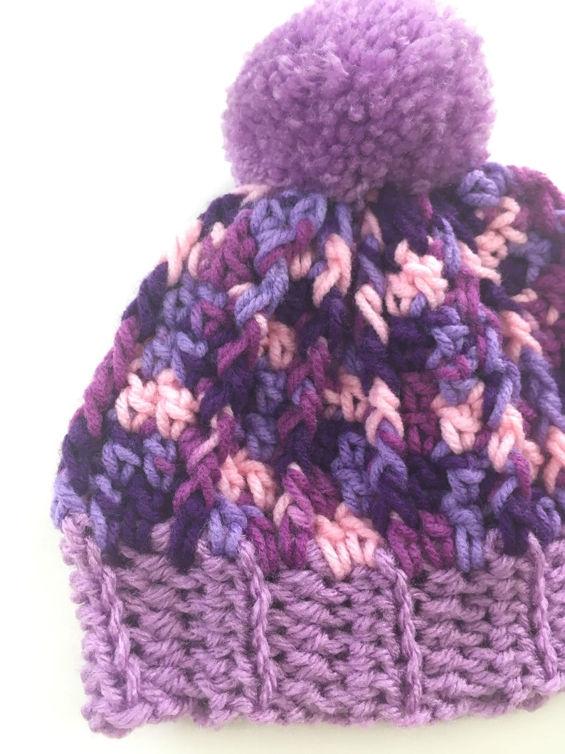 Baby New Born Size Beanie Purple Pom Pom Crochet Hat