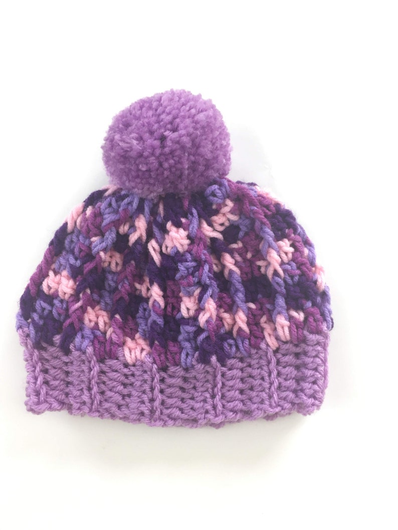Baby New Born Size Beanie Purple Pom Pom Crochet Hat