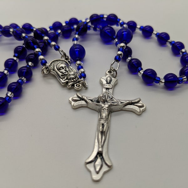 Catholic Rosary in Cobalt Blue Glass Beads