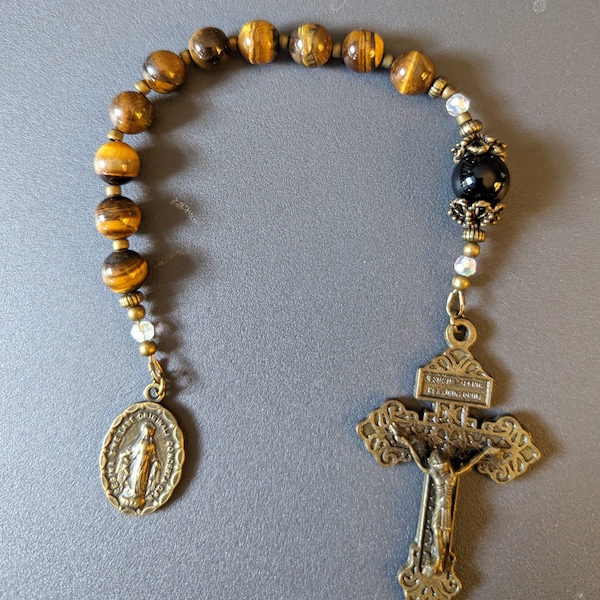 Rosary 1 Decade Tenner Prayer Chaplet Tiger Eye and Onyx