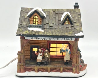 Vintage Santa&#39;s Workbench Collection Fisherman&#39;s Bluff Cabins, Interior View Series Ceramic Light Up Christmas VIllage Porcelain House