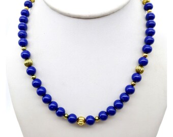 Avon Lapis Blue Reflections Necklace, Chic Choker Lucite Beads and Fluted Gold Tone, 1980s Vintage Fashion