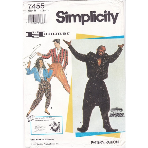 UNCUT Vintage Sewing Pattern Simplicity 7455, Misses Mens or Teen Set of Loose Fitting Pants and Jacket with Logo Transfers, Size A XS-XL
