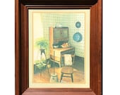C Wray Home Interiors Hoosier Cabinet Butter Churn Tinware Glassware Kitchen Decor Country Primitive Framed Print Wall Art 1981 Homco