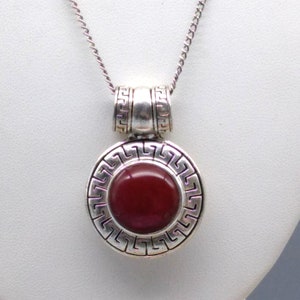Shimmering Magenta Circle Pendant Necklace, Vintage Round with Greek Key Frame on Silver Tone  Chain