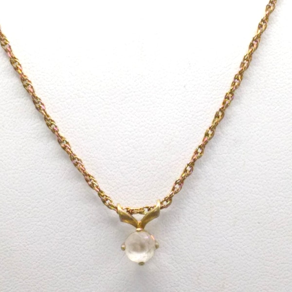 Vintage Crystal Solitaire Pendant Necklace, 12K GF Rope Chain, Delicate Gold Filled Gift Jewelry