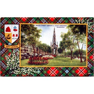 Carte postale vintage MacLean Tartan avec les jardins de Princes Street et le Scott Monument à Édimbourg