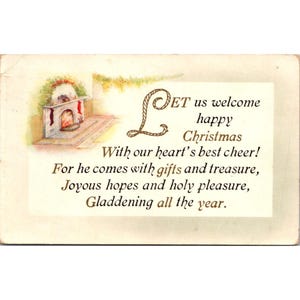 Carte postale de Noël vintage des années 1910 avec cheminée, message d'accueil adressé à Mlle Ethel Rowe