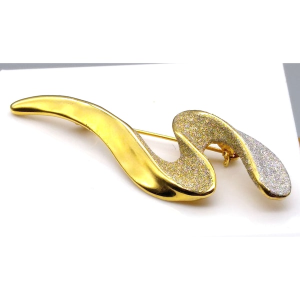 Vintage CIRO Frosted Swoosh Brooch with Shimmer Gold and Silver Diamond Dust, Elegant Swoop Lapel Bar Pin, Designer Signed