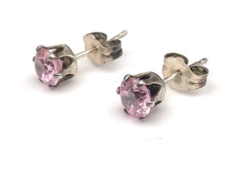 Vintage SU Silver Earrings with Pink Crystal Solitaire, 925 Sterling Studs