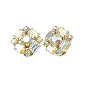 Vintage Aurora Borealis Rhinestone Gold-Tone Clip-On Earrings