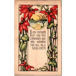 Postal navideña vintage de Raphael Tuck & Sons con flores de Pascua y mensaje de alegría.