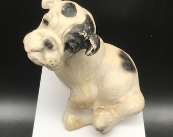 Vintage Jan Allan Chalkware Bulldog, White with Black Markings, Puppy Lovers Carnival Figurine 1940s