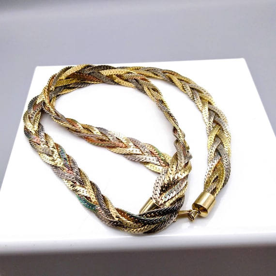 Vintage Braided Herringbone Chains Necklace, Wove… - image 2