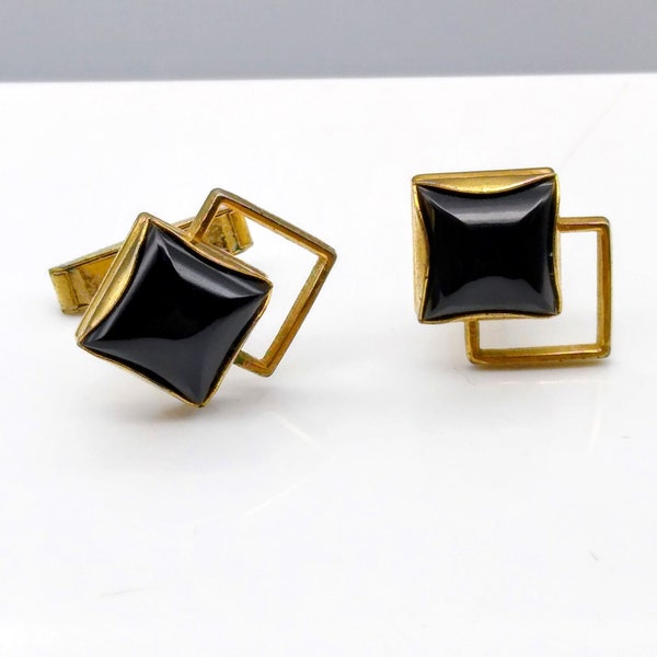 Vintage Square Dance Geometric Cuff Links, Black Glass and Gold Tone Mid Century Cufflinks, Vintage Gift for Him, Occasion Accessories