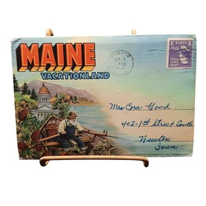 Vintage pochette pour cartes postales Maine Vacationland avec illustrations pittoresques colorées et cachet de la poste 1937