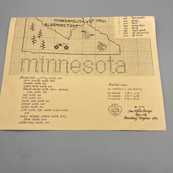 Vintage Cross Stitch Patterns, State Map of Minnesota, Sue Hillis Designs 1979