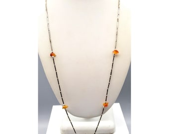 Vintage Liquid Silver and Carnelian Chips Necklace, Sterling and Orange Stone