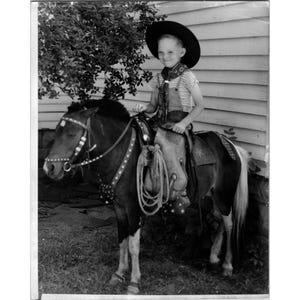 Vintage Black & White Cowboy Boy Riding Decorative Pony Photo Prop Collectible 8x10