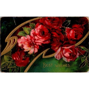 Cartão postal vintage em relevo com rosas e design de melhores votos da Alemanha