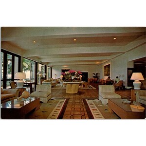Postal vintage cromada de Puerto Rico, vestíbulo del hotel Dorado Beach, Dexter sin publicar dividido hacia atrás