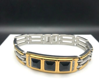 Danbury Mint Onyx and Diamond Bracelet, Vintage Stainless Steel Links with Gold Ion Plating, Mens Chain, Then Now Forever Love Gift