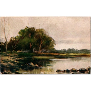 Carte postale vintage 1912 Rockyford avec illustrations de forêt et rivière