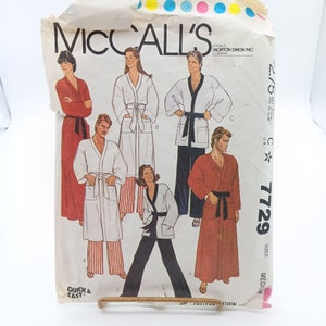 Vintage sömnadsmönster McCalls 7729, Mississippi och Herr 1981 Unisex morgonrock eller jacka och byxor, storlek Medium 36 38