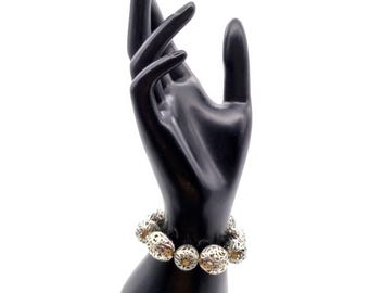 Pulsera vintage de filigrana con cuentas, brazalete plateado con banda elástica
