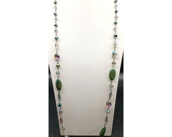 Vintage Iridescent Beaded Necklace With Green & Multicolor Glass Beads