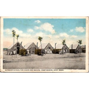 Cartão postal vintage Escola ao ar livre para cozinheiros e padeiros Camp Devens Ayer Mass Início dos anos 1900