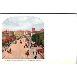 Cartão postal vintage "O Grande Norrbro", Estocolmo, Suécia, início do século XX, sem uso