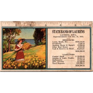 Antike Löschkarte der State Bank of Laurens Iowa, Werbelineal Ephemera
