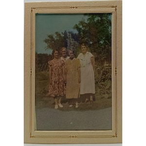 Vintage Hand-Colored Photo Of Four Women In Garden Scene W/ Textured Frame & Stand