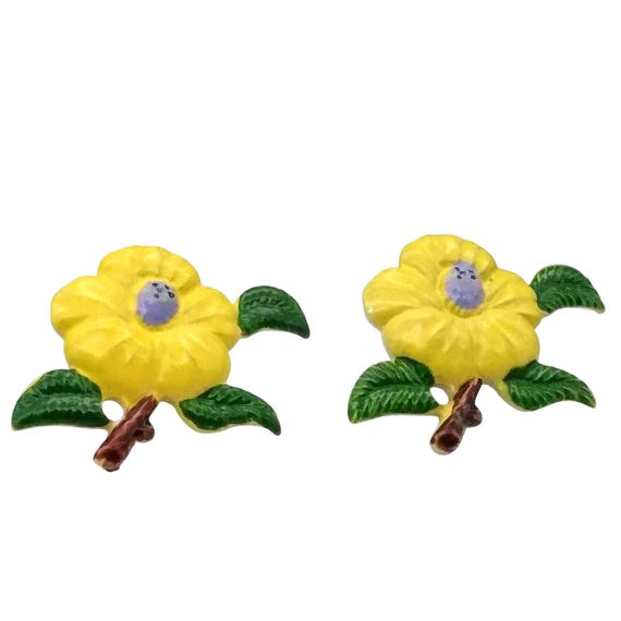 Unique Yellow Flower Earrings, Vintage Cheery Enamel Studs