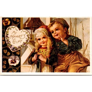Carte postale vintage « My Hearts Gift » avec d'adorables illustrations d'enfants et des détails floraux, carte ancienne inutilisée