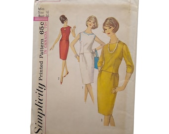 May include: Vintage Simplicity printed sewing pattern, size 16, bust 36. The pattern features illustrations of three dresses in red, white, and yellow. The cover is aged with text including "Simplicity Printed Pattern 65c IN CANADA 75c".