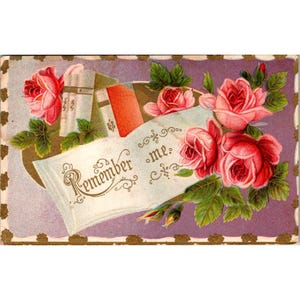 Postal vintage de 1911 con diseño de rosas "Recuérdame" y nota manuscrita