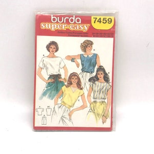 UNCUT Vintage Sewing PATTERN Burda 7459, Super Easy 1980s Misses Tops, Size 8-18 E