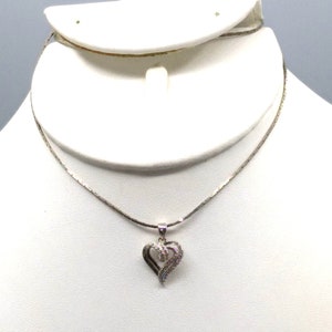 Vintage Pave CZ Heart Pendant with Double Scroll Elegant Design on Silver Tone Chain