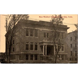 Cartão postal vintage de 1914, New Waldorf College, Forest City, Iowa, escrita e carimbo antigos