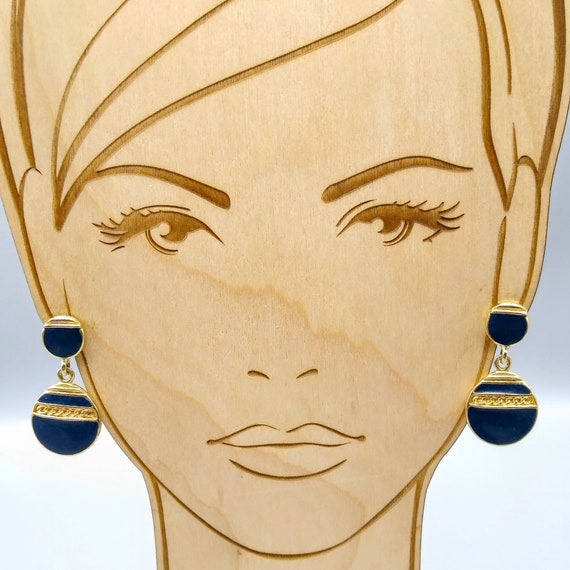 Vintage Blue Enamel Drop Earrings, Chic Gold Tone… - image 1