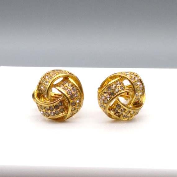 Vintage Pave Crystal Knot Earrings, Gold Tone Adj… - image 2