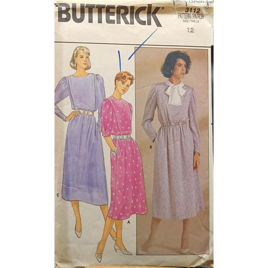 Butterick 3112 Vintage Sewing Pattern Misses Dress Size 12 Pullover Mid ...